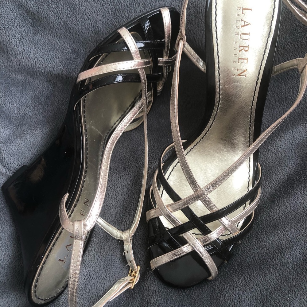 Lauren RL Black Gold Sandal Platform Shoes 6.5 37 - Picture 2 of 14
